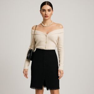 Giambattista Valli Black Tweed Fringe Hem Skirt EU 44 / US 8